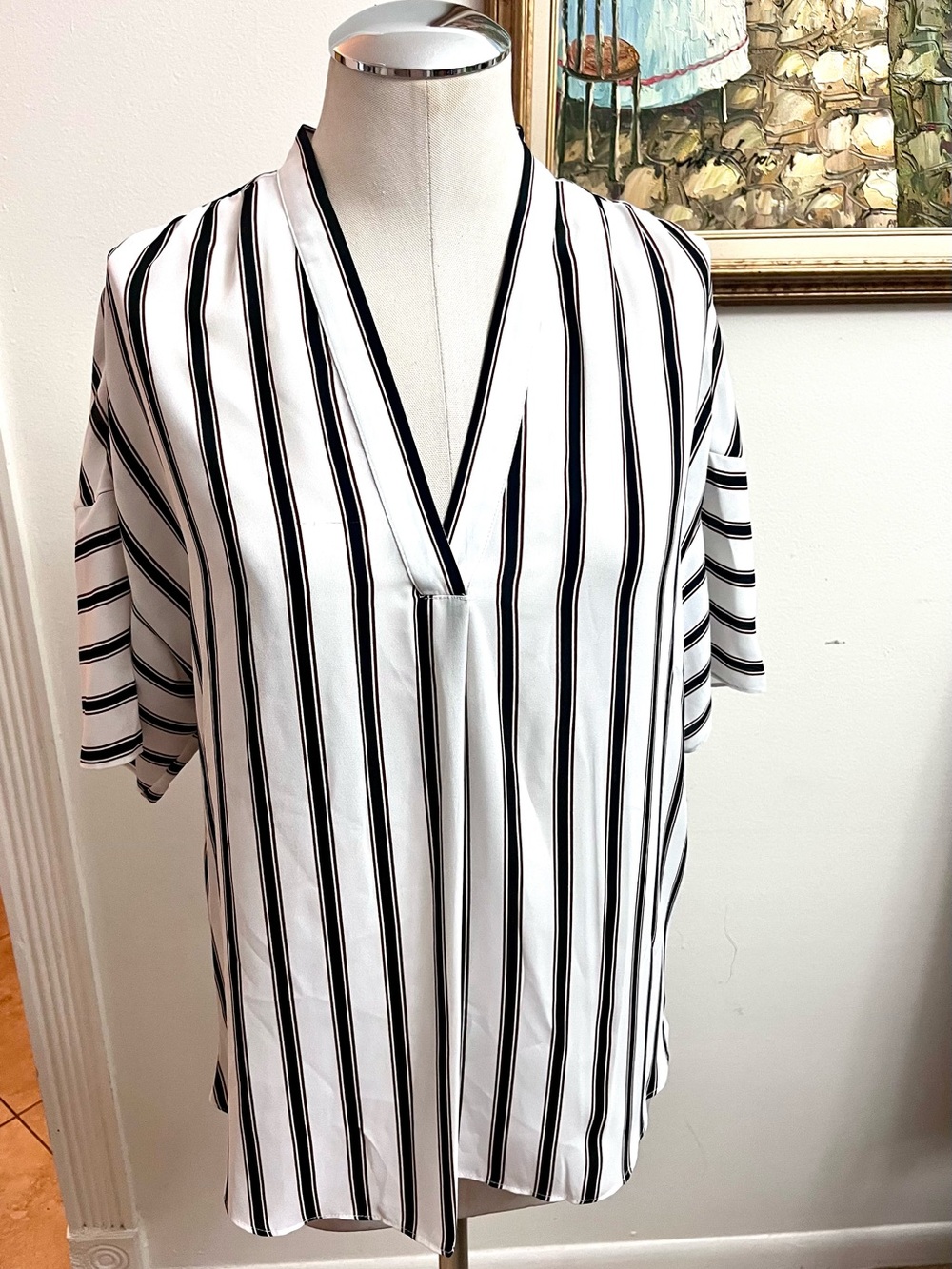 Worthington White V-Neck Polo with Black Vertical Stripes
